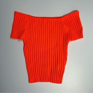 Vibrant Orange Off-Shoulder Ribbed Stretchy Crop Top